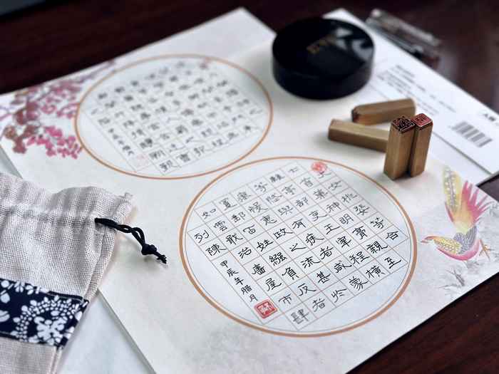 Japanese calligraphy and temple stamps in a nokyocho representing 88 temples of prayer
