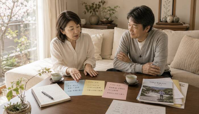 家族のタイプ別にお遍路代行への説明方法を考えるシーン