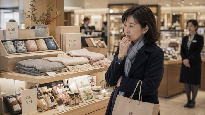 80代の高齢の親へ贈るプレゼント選びに悩む娘のイメージ