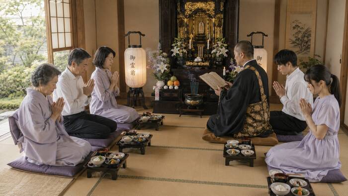 初盆の当日に家族で故人を迎えるシーン