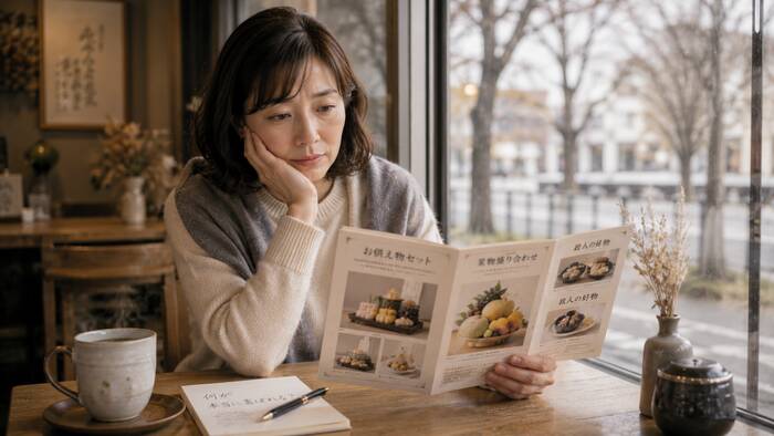 法事の供え物選びで定番以外を検討する参列者のシーン
