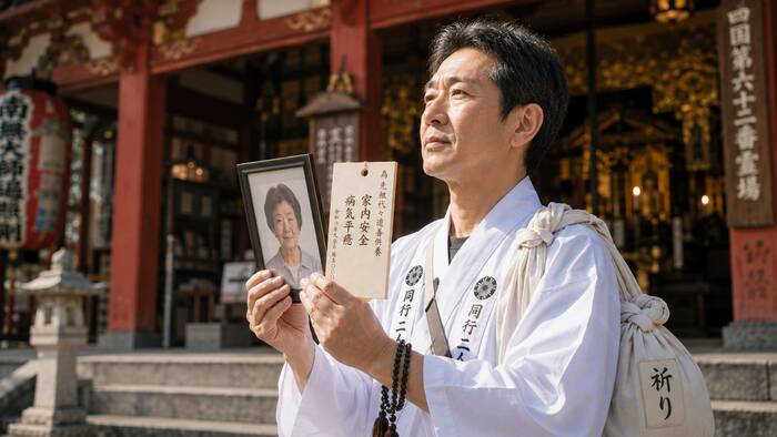 代参という選択肢として祈りを供え物にする考え方を表すシーン