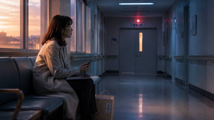 病院の廊下で祈るように見守る家族