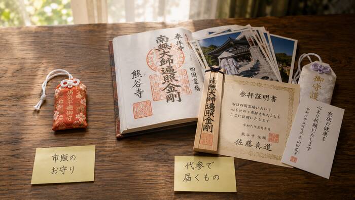 納経帳と巡礼装束が机に並ぶ様子