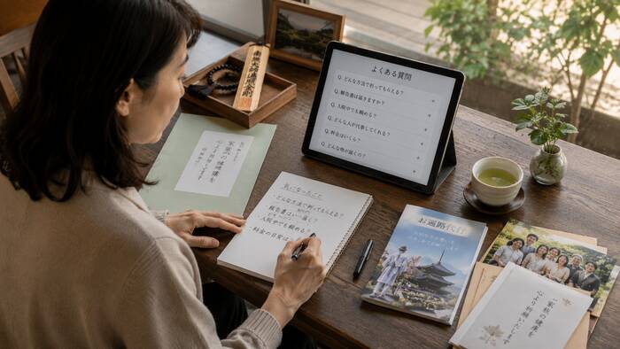 家族が納経帳を見つめるやさしい光景