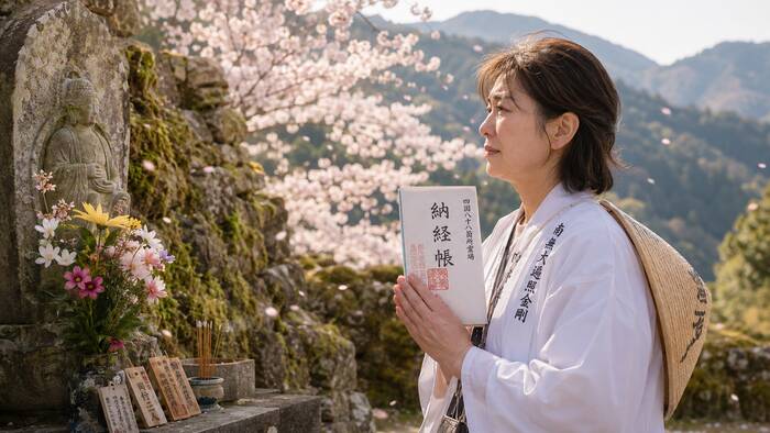 人生の節目にお遍路で祈りの記念を残す静かなシーン