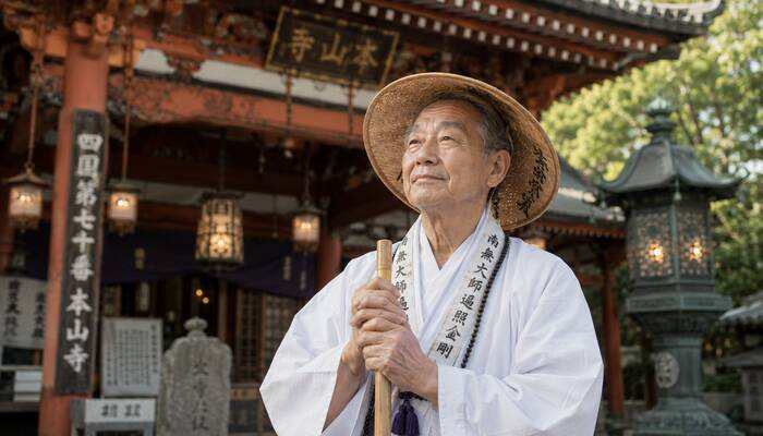 高齢者が人生の節目にお遍路を選ぶ静かな背景のシーン