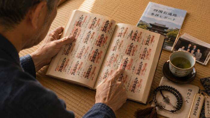 本物の納経帳を親に贈り、形に残る記録を渡すシーン