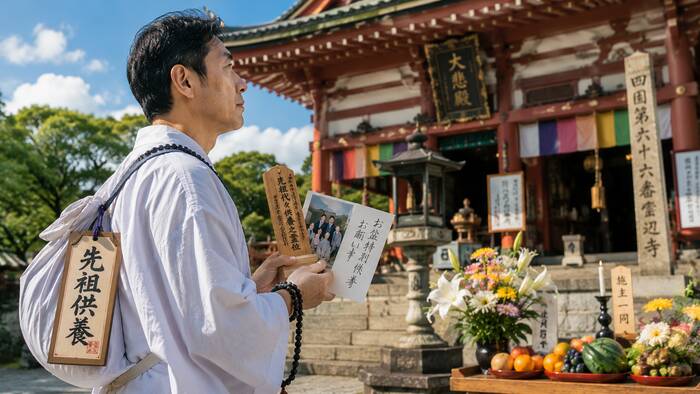 お盆に四国遍路から先祖への祈りを届けるシーン