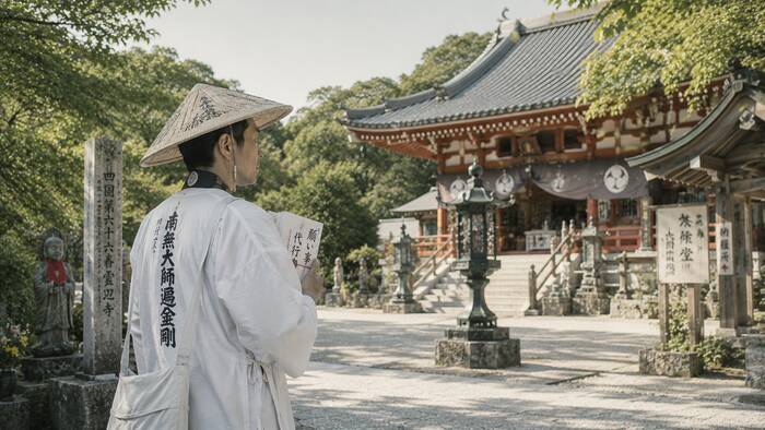 四国八十八ヶ所のお寺と参拝する人の後ろ姿