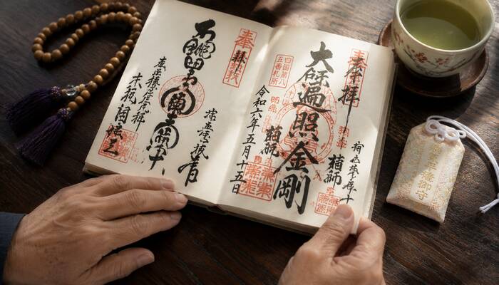 納経帳と朱印、巡礼装束が並ぶ祈りの品々