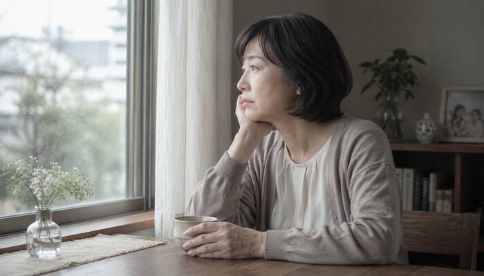 入院中の家族を想いながら窓の外を見つめる、無力感を抱える人の姿